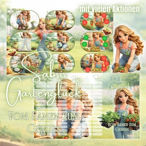 Könnte beinhalten: Eine digitale Collage mit einer Cartoon-Frau beim Gärtnern, mit dem Text "Gartenglück" und "Vom Samen zum Genuss". Das Bild enthält Illustrationen von Gartenaktivitäten und die Worte "mit vielen Aktionen".