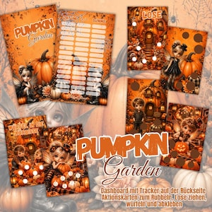 Könnte beinhalten: Ein Pumpkin Garden Set bestehend aus einem Tracker-Blatt mit Spalten für Datum und Summe, Rubbelkarten mit Feen- und Kürbis-Illustrationen sowie Spielkarten mit dem orangefarbenen Text Pumpkin Garden und Würfel in die Kürbisse.