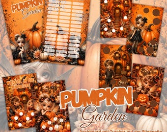 May include: A Pumpkin Garden themed set featuring a tracker sheet with columns for date and sum, scratch-off cards with fairy and pumpkin illustrations, and game cards with the text Pumpkin Garden and Würfel in die Kürbisse in orange.