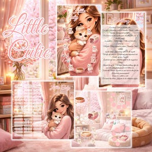 Può includere: Illustrazione digitale con una giovane donna che tiene un gattino, circondata da decorazioni rosa. L'immagine include il testo "Little Cutie" e altri elementi come ciotole per cibo per gatti, un trasportino e una cuccia per gatti. Il tema generale è incentrato sui gatti e la cura degli animali.