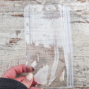 May include: A clear, plastic binder sleeve with a zipper closure and several holes along the left edge for insertion into a binder. The sleeve is held against a weathered, light-colored wooden surface.