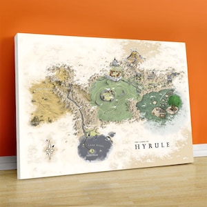 May include: A canvas print of a detailed map of Hyrule, featuring a compass rose, mountains, and a volcano. The map is in shades of beige, green, and brown, with the text "The Lands of Hyrule" at the bottom.