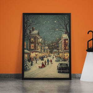 Vintage Christmas Village Scene with Snowfall and Festive Lights, Framed Canvas Print for Winter Wall Art, Holiday Street Decor and Wreaths