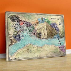 Grande taille recommandée, carte de Baldur's Gate, oeuvre d'art murale, beaux-arts, décoration d'intérieur, cadeau poster de jeu, toile Outer City, salle de jeux, cadeau de fan de Baldur's Gate