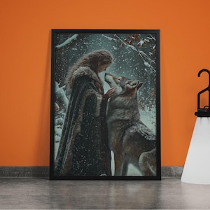 Lady Warrior and Her Wolf in a Snowy Forest - Medieval Fantasy Art Print, Wolf Painting, Romantic Academia Wall Decor, Gift for Wolf Lovers
