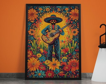 May include: Framed art print featuring a vibrant illustration of a musician playing a guitar, surrounded by colorful flowers. The musician wears a sombrero and a detailed blue outfit. The artwork has a folk art style with a warm, inviting color palette.