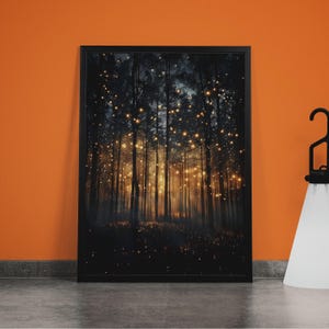 Wald Wand Kunst Druck, Maximalistisches Natur Poster, Verzauberte Glühwürmchen Dekoration, Stimmungsvolle Botanische Leinwand, Wald Fantasie Landschaft.