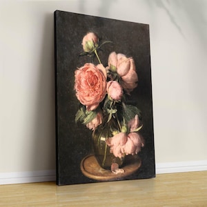 Moody Pink Peonies Vintage Floral Canvas Print: Giclée Fine Art