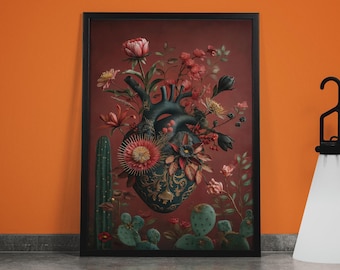 May include: A framed art print featuring a teal anatomical heart adorned with flowers and foliage. The artwork has a dark red background with a cactus and other desert plants. The frame is black.