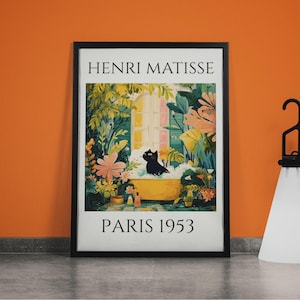Lustige schwarze Katze in der Badewanne Kunst, tropisches Badezimmerdekor, Dopamin Wandkunst, Matisse Style Poster, niedlicher Badezimmerdruck