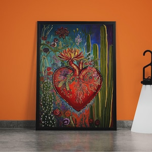 Mexican Heart Wall Art: Corazon Oil Painting, Cactus Landscape
