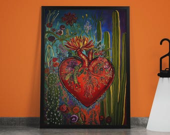 Mexican Heart Wall Art: Corazon Oil Painting, Cactus Landscape