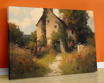 English Countryside Cottage Canvas Art: Rustic Farmhouse Landscape