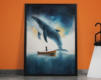 May include: Framed art print featuring a whimsical scene of a whale leaping from the ocean. A small boat with a person in it floats on the water. The background shows a starry sky and colorful clouds. The artwork is framed in a black border.