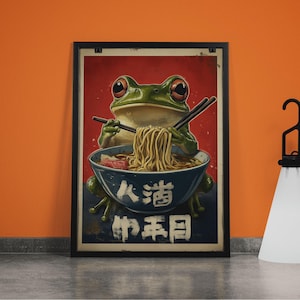 Retro Frog Ramen Poster – Quirky Kitchen Wall Art, Japanese-Inspired Print, Frog Eating Noodles, Unique Ramen Decor