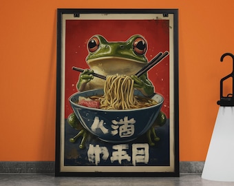 Pôster retrô de Ramen com sapo: arte de parede peculiar para cozinha japonesa