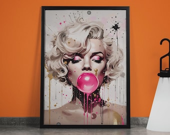 Pop-artcanvas Marilyn Monroe: roze kauwgomaccent, klaar om op te hangen
