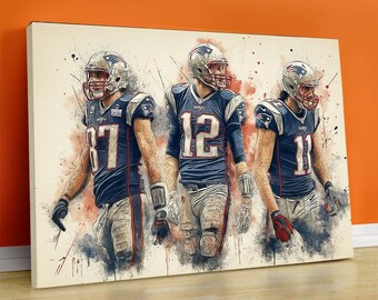 Patyers Football Leinwand Kunstdruck: Brady, Gronkowski, Edelman, Man Cave Decor