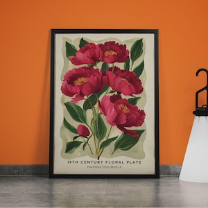 Impresión de peonía de verano, arte floral brillante dibujado a mano, decoración de pared de peonía peculiar, impresión moderna y colorida para pared de galería o baño
