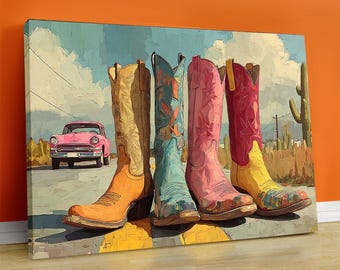 Cowgirl Boots Canvas Art: Rustic Western Decor, Handmade Print