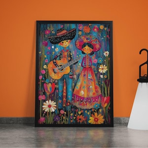 Mexican Couple Art Print: Vibrant Musical Scene, Cultural Celebration