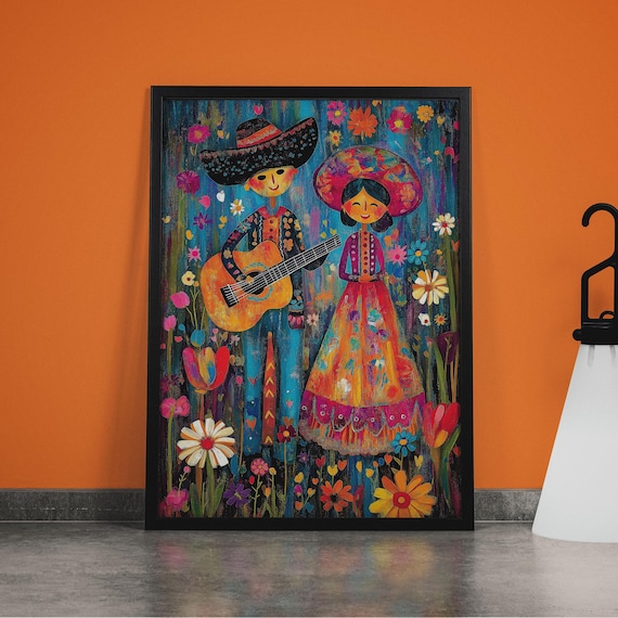 Mexican Couple Art Print: Vibrant Musical Scene, Cultural