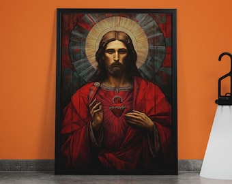 Sacred Heart of Jesus Art: Christian Stained Glass Wall Print