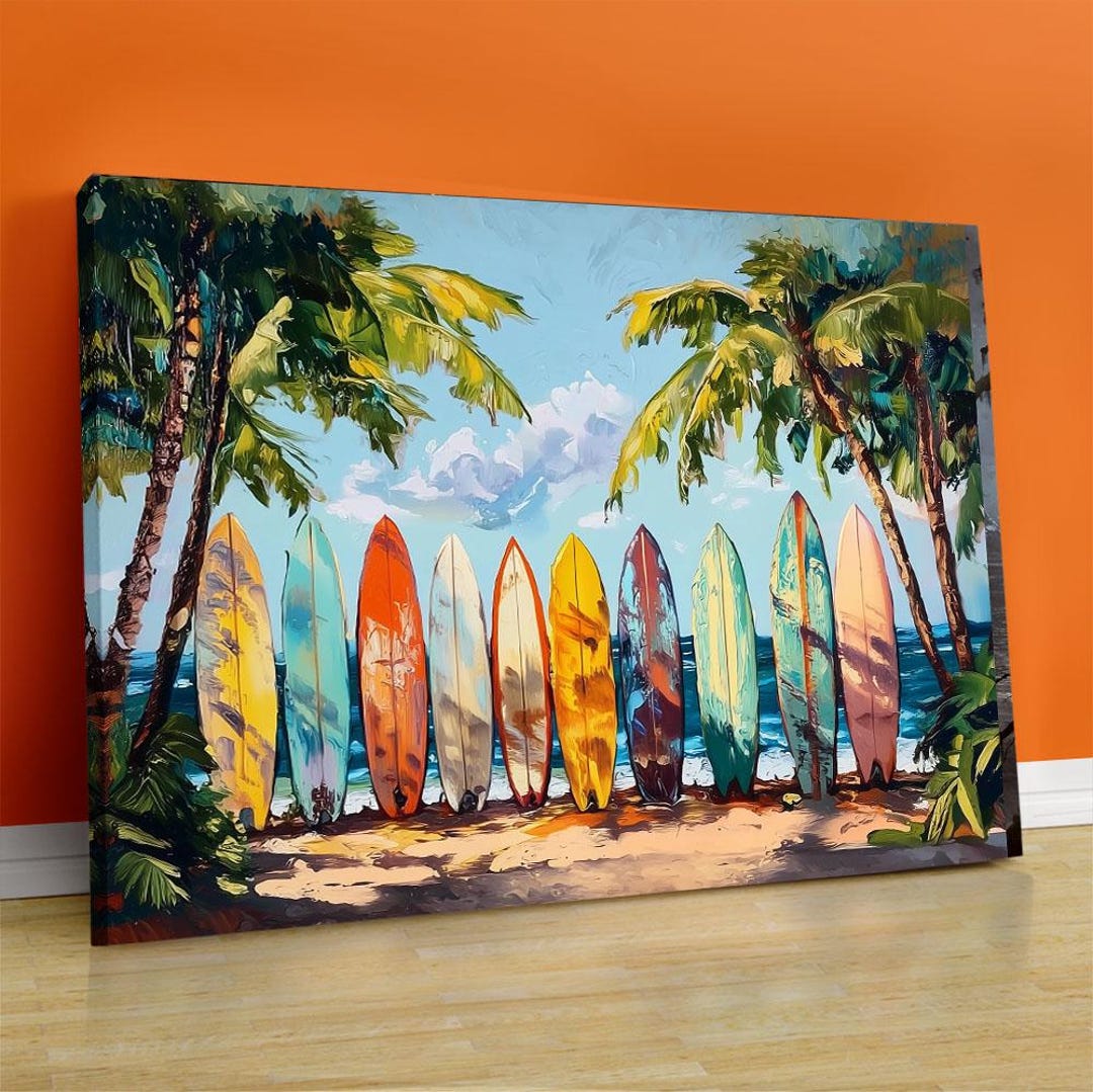 Colorful Surfboard Beach Canvas Art – Tropical Palm Tree Print - Etsy