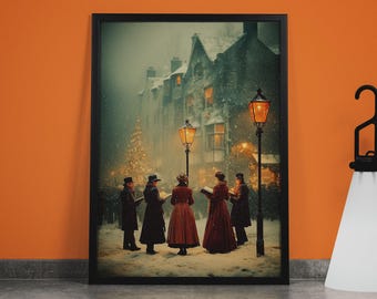May include: A group of people in Victorian era clothing sing carols in a snowy street lit by gas lamps. The scene is framed by a black picture frame.