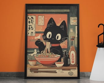 Black Cat Ramen Art Print: Tokyo Noodle Shop, Japanese Kitchen Decor