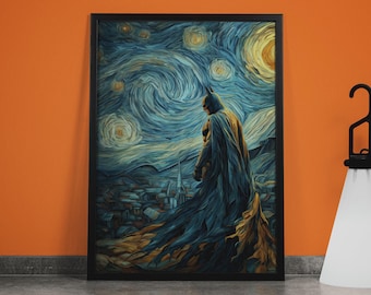 Dark Knight Starry Night Matte Poster – Van Gogh Style Comic Art – Superhero Wall Decor – Comic Book Fan Gift
