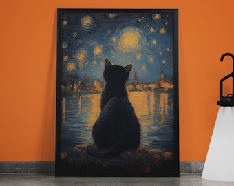 Van Gogh Cat Art Print: Starry Night Inspired, Funny Black Cat Poster
