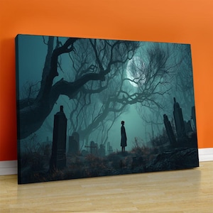 May include: A canvas print depicting a spooky graveyard scene. A lone figure stands in a misty forest, surrounded by tombstones and gnarled trees under a full moon. The artwork is dominated by dark blues and greens.