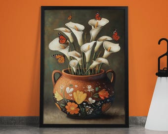 Calla Lily Canvas Art: Mexican Pottery Print, Latin Floral Decor