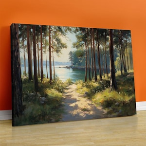 Arte mural del lago Michigan, impresión de un lago con bosque matutino, decoración natural con un amanecer tranquilo, pintura de paisaje sereno para sala de estar o cabaña