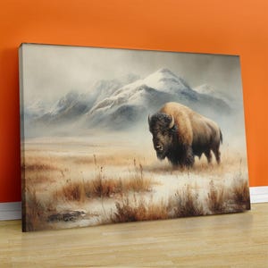 Vintage Bison Art Print, Western Wildlife Wall Decor, Rustic Buffalo Painting, Mountain Landscape Artwork, American Prairie Scene