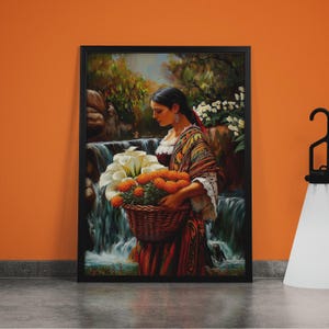 Könnte beinhalten: Gerahmtes Gemälde einer Frau mit einem Korb voller weißer Lilien und orangefarbener Ringelblumen in der Nähe eines Wasserfalls. Sie trägt einen gemusterten Schal und ein Kleid. Das Kunstwerk hat eine warme Farbpalette und einen traditionellen Stil.
