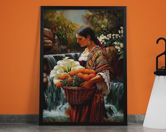 May include: A framed painting depicts a woman holding a woven basket filled with white lilies and orange marigolds. She stands near a waterfall, wearing a colorful patterned shawl and dress. The artwork has a warm color palette with a focus on nature.