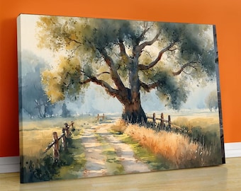 Old Oak Tree Watercolor Print: Rustic Farmhouse Landscape Art