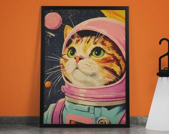 Divertente tela con gatto astronauta: stravagante decorazione murale spaziale per bambini