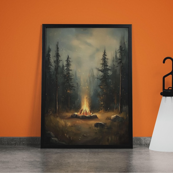 Rustic Campfire Oil Painting Print: Moody Pine Forest Wall Art