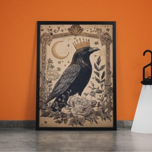 King Raven Art Print: Mystical Norse Folk Art with Moon & Roses