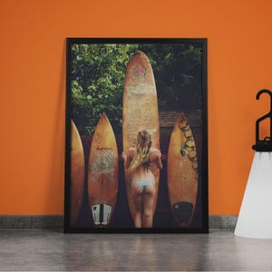 Surfer Girl Poster, Surfboard Wall Art, Black and White, Fashion Print, Vintage Photo, Summer Poster, Beach House Decor, Digital Download