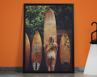 Surfer Girl Canvas Print: Vintage Surfboard Photo, Beach House Decor