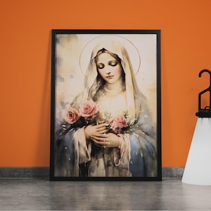 Blessed Virgin Mary Watercolor Art Home Decor, Catholic Poster, Christian Wall Decor, Mary our Mother Image, Mary Mother Canvas, Holy Mary