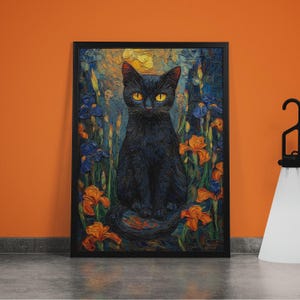 Grafika artystyczna „Kot” Van Gogha: Irysy, Czarny kot, Kwiatowy wystrój domu