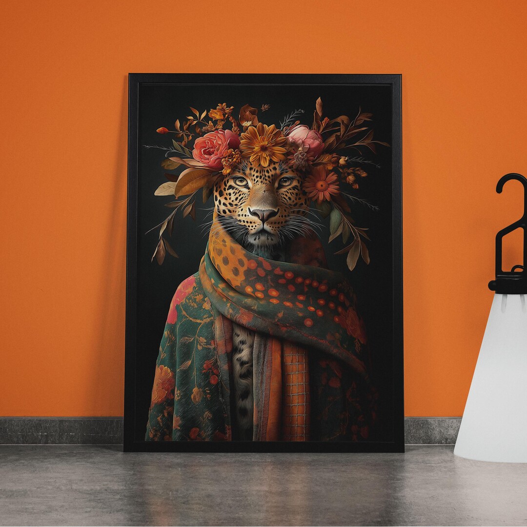 Renaissance-style Leopard Portrait With Flower Crown- Bold Animal ...