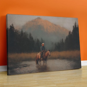 Moody Western Cowboy Canvas Print: Vintage Style Mountain Art