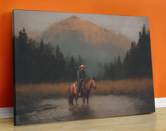 Moody Western Cowboy Canvas Print: Vintage Style Mountain Art