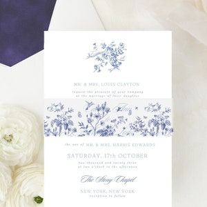 French Toile Belly Bands for 5 x 7 Invitations, Printed Blue Wedding Vellum Wrap, Vellum Bands with Toile Pattern